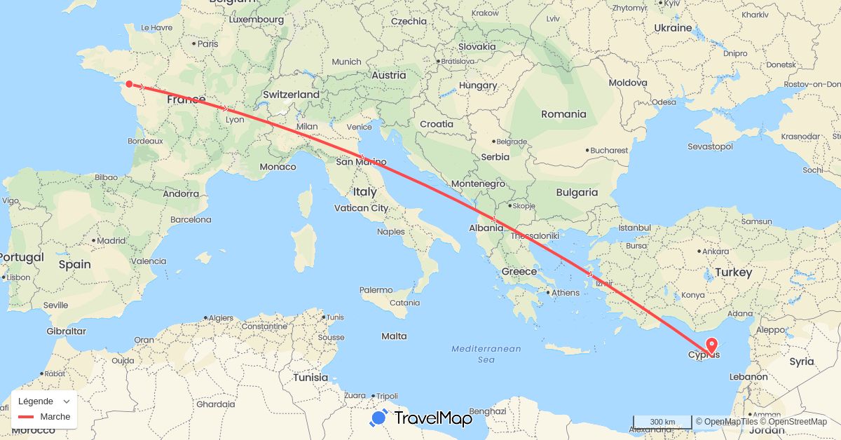 TravelMap itinerary: driving, hiking in Cyprus, France (Asia, Europe)
